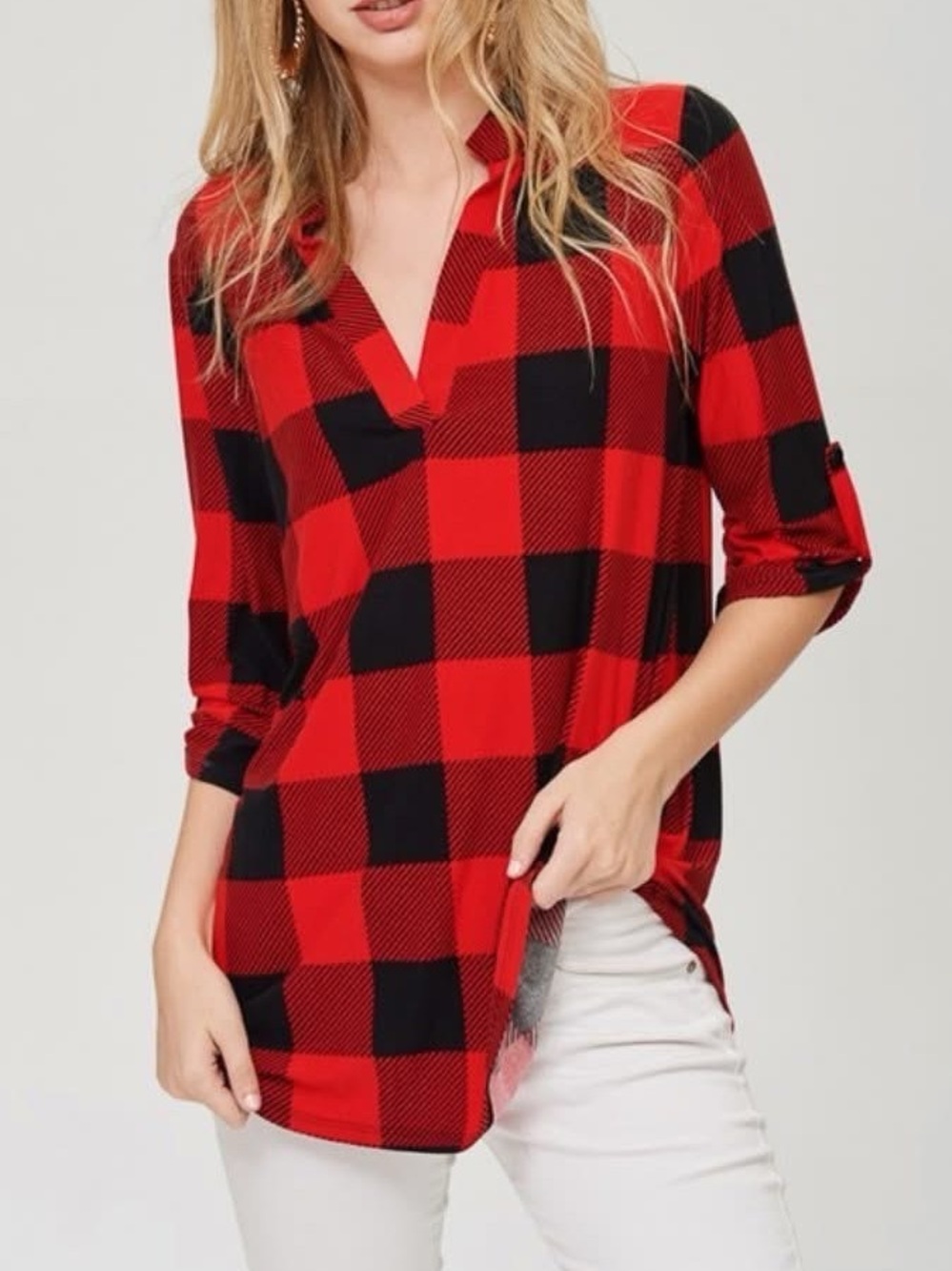 Red Buffalo Plaid Tunic V-neck Top with